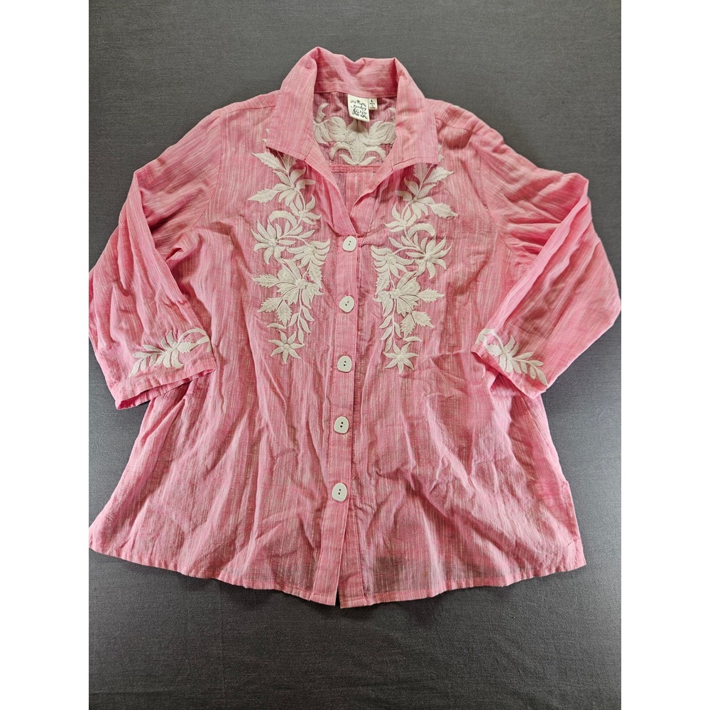 Parsley & Sage Pink Cotton Embroidered Button Down Tunic Top Large Floral Boho